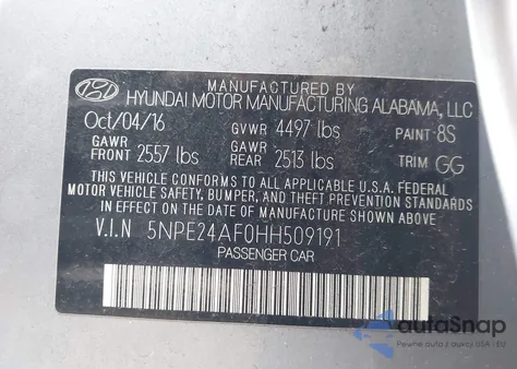 2017 Hyundai Sonata Se from USA, damaged, VIN 5NPE24AF0HH509191